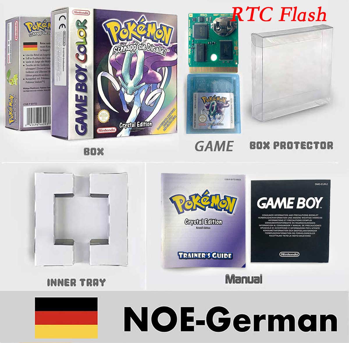 USA ITA NOE FRA ESP pokemon RTC Gold silver crystal NO RTC yellow red blue sealed 16 bit box tray manual Game Cartridge for GBC