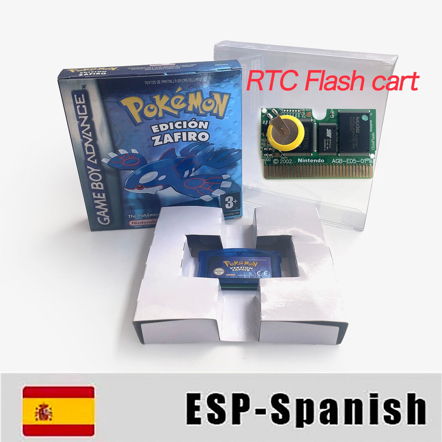 ESP Spanish IC save rtc flash cart Real Time Clock pokemon sapphire version box with tray Nintendo game cartridge for gba
