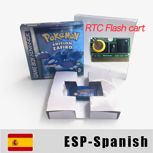 ESP Spanish IC save rtc flash cart Real Time Clock pokemon sapphire version box with tray Nintendo game cartridge for gba