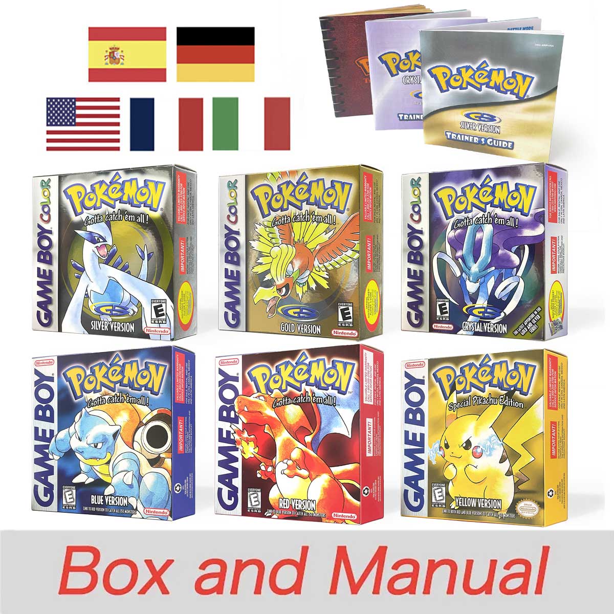 USA FRA NOE ESP ITA Pokemon Yellow Blue Red Crystal Silver Gold Green box and manual for GBC