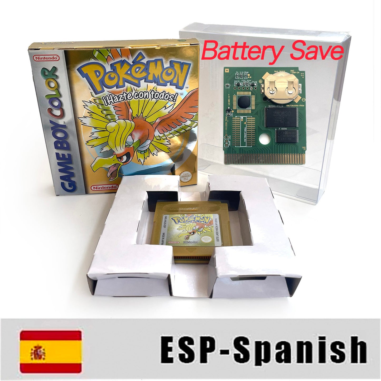 gbc game ESP Spanish pokemon gold version RTC Flash cart Battery save pokemon oro cartridge with tray box game boy color
