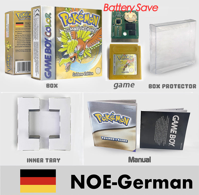 USA ITA NOE FRA ESP version battery save cart sealed pokemon crystal gold silver yellow red blue 16 bit box tray manual Game Cartridge for GBC
