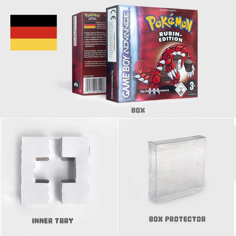 USA FRA NOE ESP ITA EUR Pokemon Emerald Sapphire Leafgreen Ruby Firered Metallic FoilFinish Box Trey Manual label for GBA