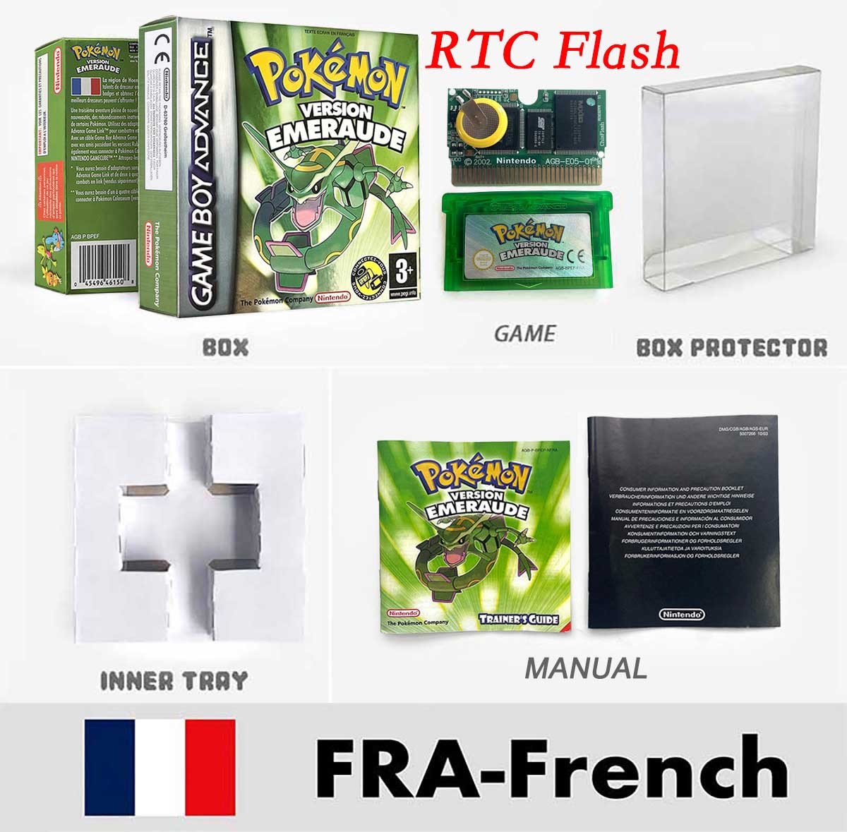 USA FRA NOE FRA RTC/1 M Flash CART pokemon sapphire ruby leafgreen emerald firered sealed box tray Game Cartridge manual for gba