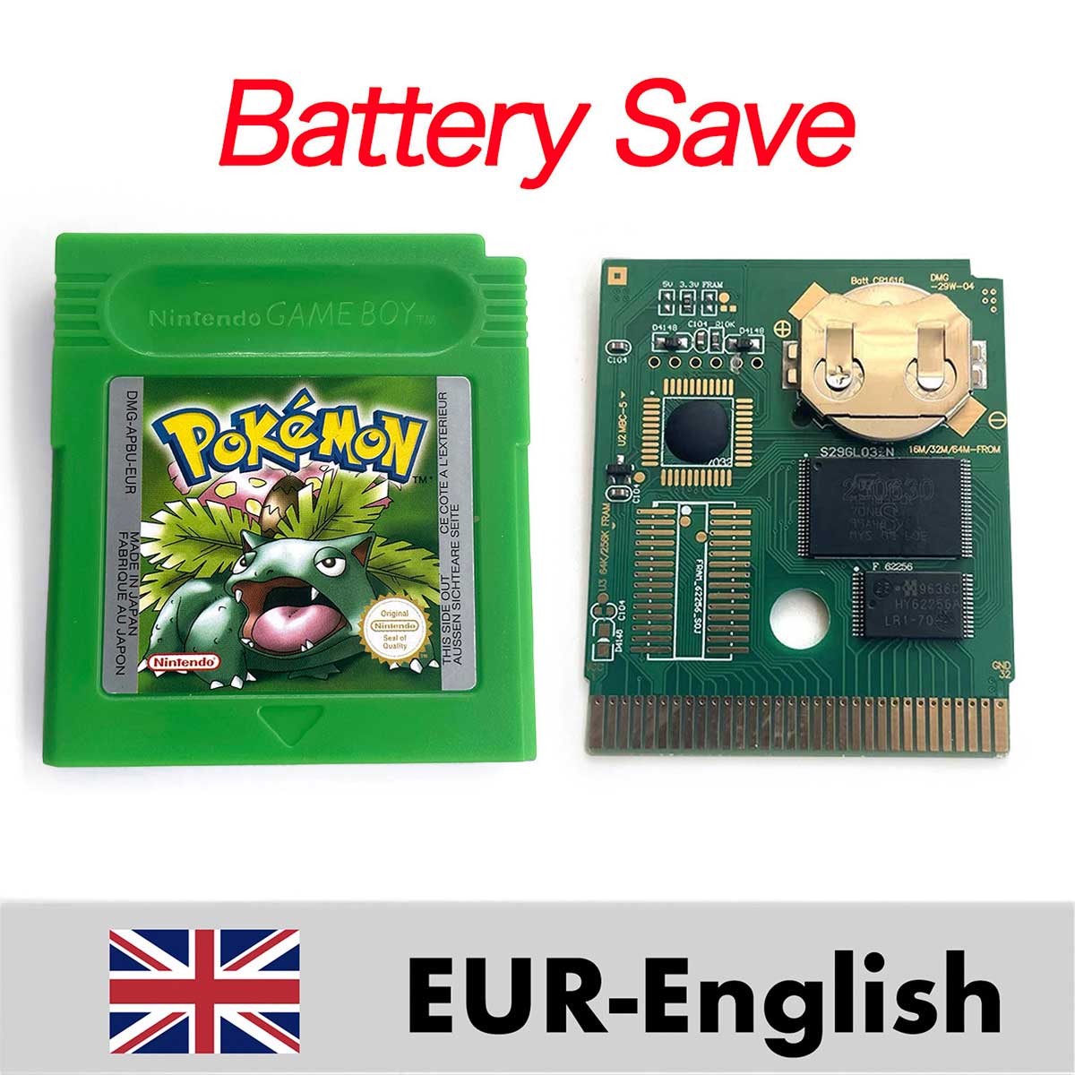 USA ITA NOE FRA ESP EUR Version Battery Save Cart Pokemon Yellow Red Crystal Gold Silver Blue Green 16 Bit Game Cartridge for GBC