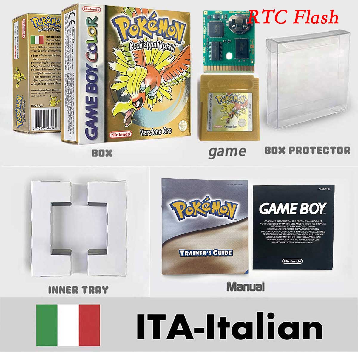 USA ITA NOE FRA ESP pokemon RTC Gold silver crystal NO RTC yellow red blue sealed 16 bit box tray manual Game Cartridge for GBC
