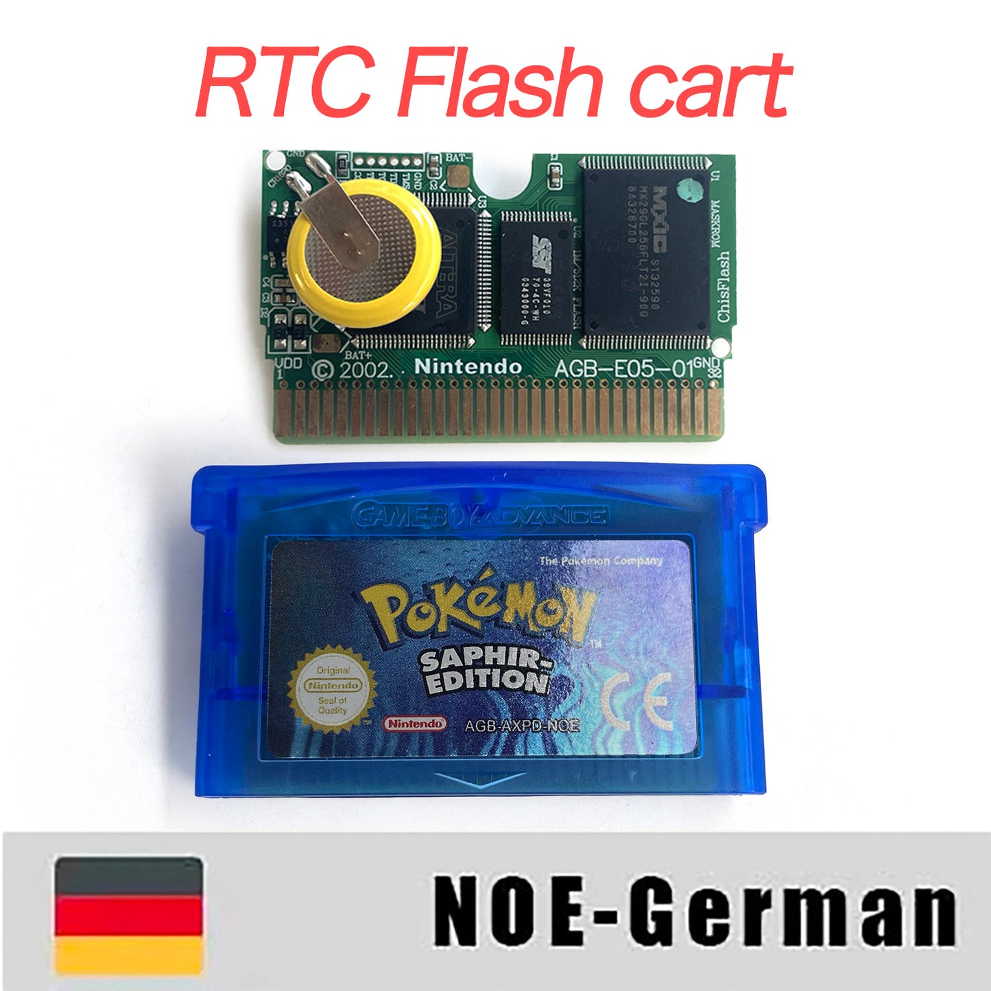 NOE German IC save rtc flash cart Real Time Clock pokemon sapphire version box with tray Nintendo game cartridge for gba