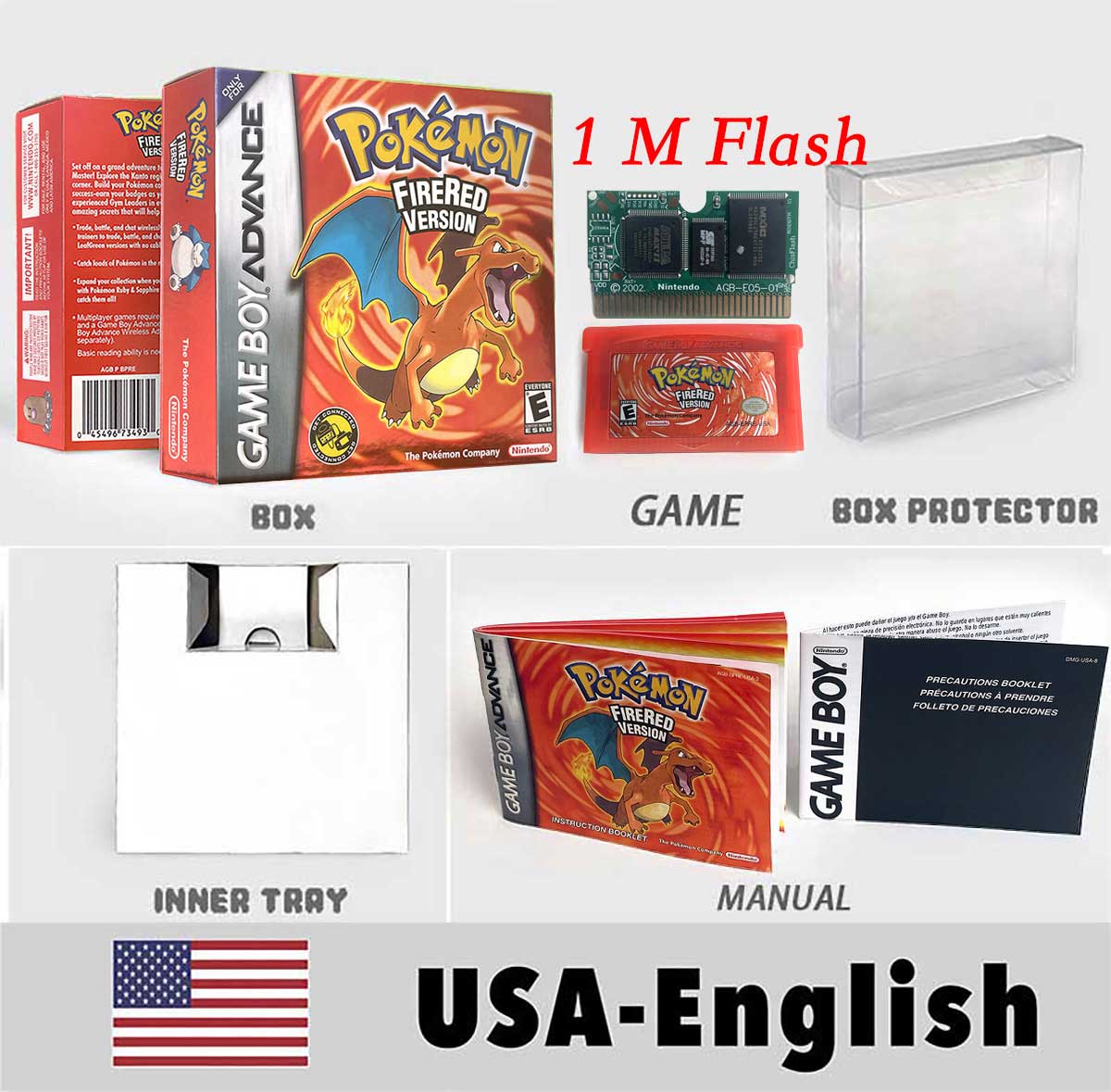 USA FRA NOE FRA RTC/1 M Flash CART pokemon sapphire ruby leafgreen emerald firered sealed box tray Game Cartridge manual for gba