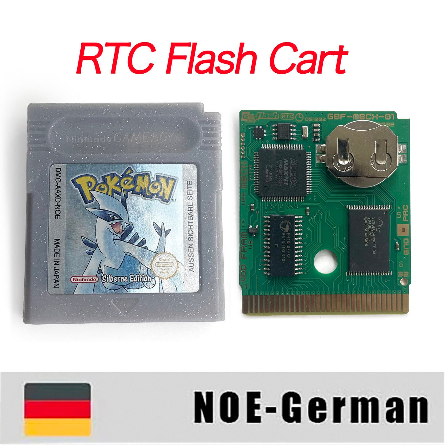 GBC game NOE German pokemon silver version RTC Flash cart Battery save Nintendo pokemon Silber cartridge tray box game boy color