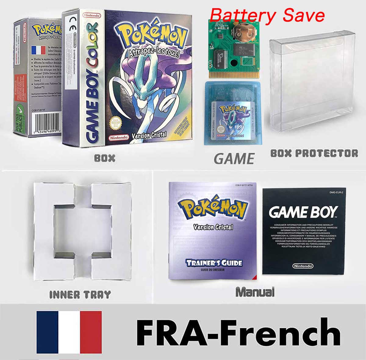USA ITA NOE FRA ESP version battery save cart sealed pokemon crystal gold silver yellow red blue 16 bit box tray manual Game Cartridge for GBC