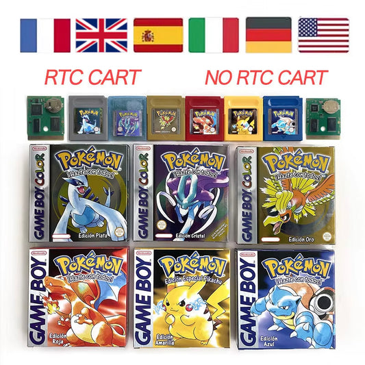 ITA ESP EUR FRA NOE USA Pokemon series RTC Flash silver crystal gold NO RTC flash yellow red blue 16 bit box tray Game Cartridge for GBC Multi-language