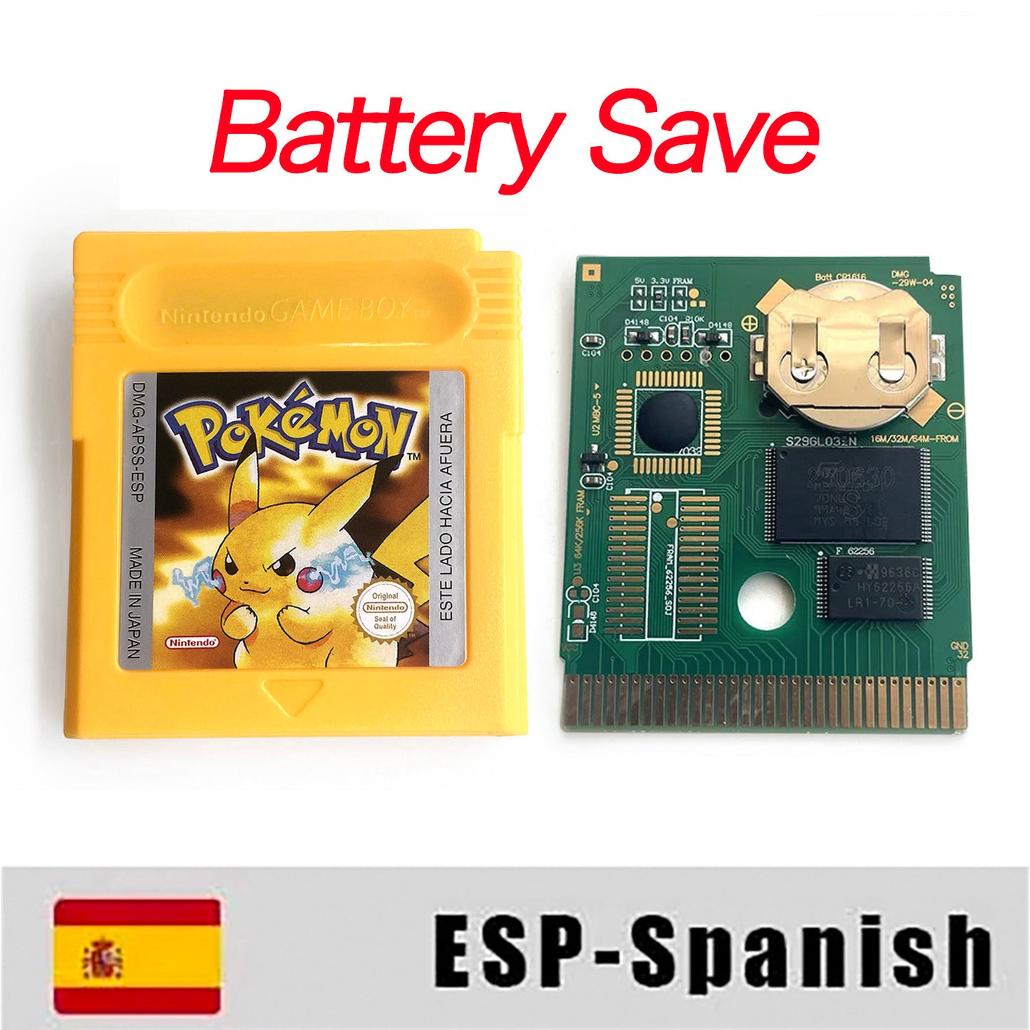 GBC game ESP Spanish pokemon yellow version Nintendo Battery save NO RTC flash pokemon amarillo cartridge tray box gbc game boy color
