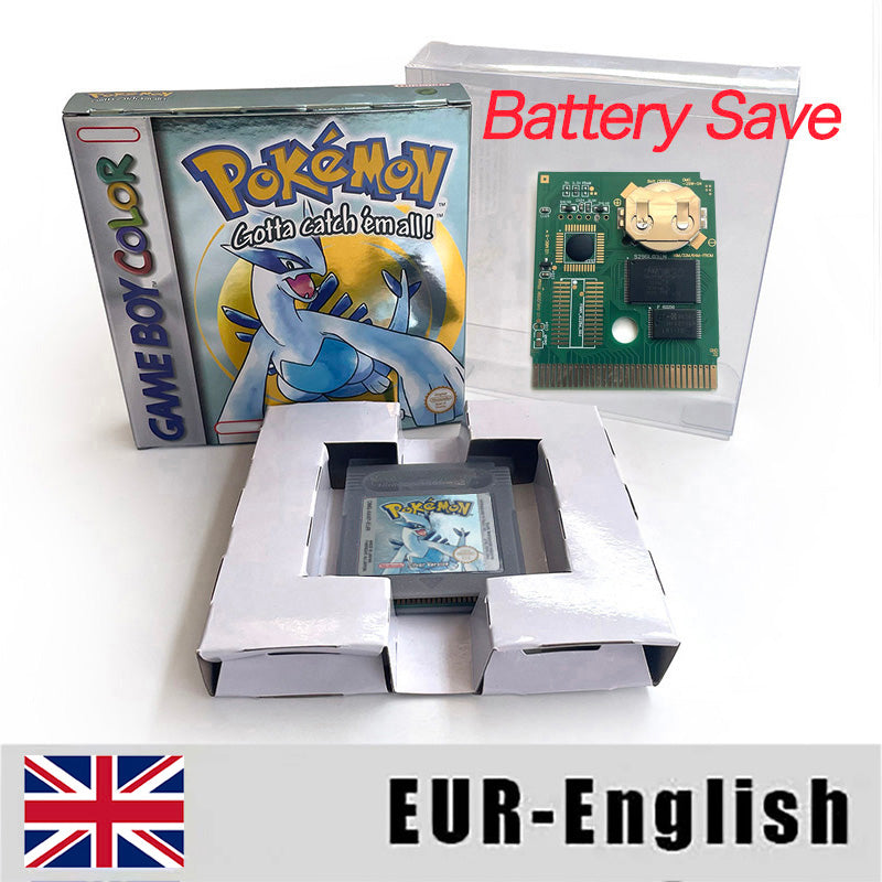 Battery Save pokemon yellow blue red crystal silver gold green USA EUR FRA ESP NOE ITA Game Cartridge with box for GBC