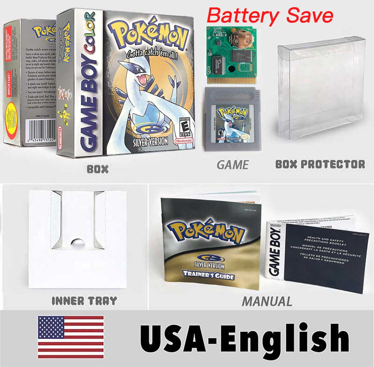USA ITA NOE FRA ESP version battery save cart sealed pokemon crystal gold silver yellow red blue 16 bit box tray manual Game Cartridge for GBC