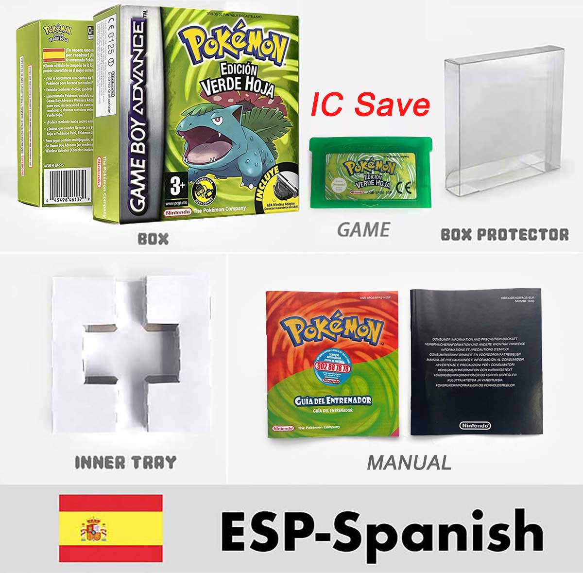 USA FRA NOE FRA IC SAVE Pokemon Emerald Ruby Firered Sapphire LeafGreen Sealed Box Tray Game Cartridge Manual for Gba