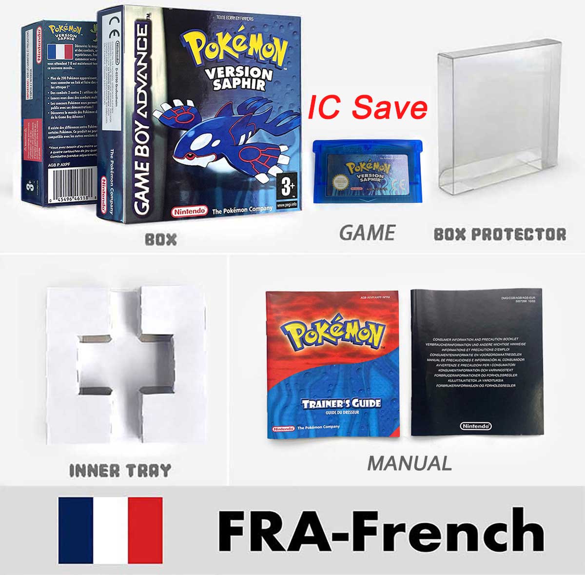 USA FRA NOE FRA IC SAVE Pokemon Emerald Ruby Firered Sapphire LeafGreen Sealed Box Tray Game Cartridge Manual for Gba