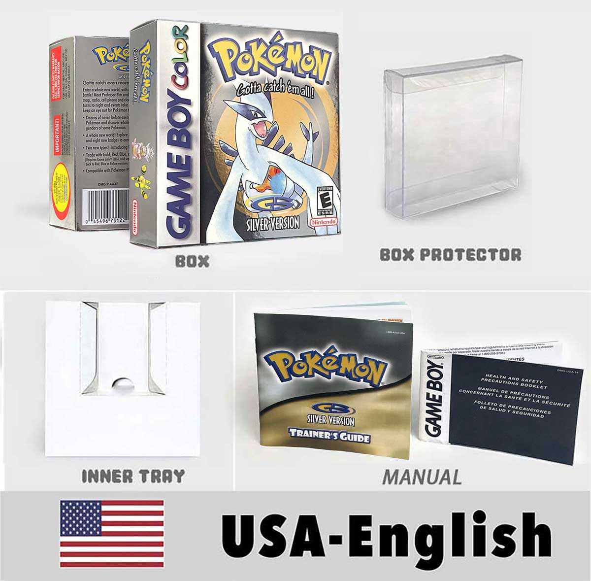 USA FRA NOE ESP ITA Pokemon Yellow Blue Red Crystal Silver Gold Green box and manual for GBC