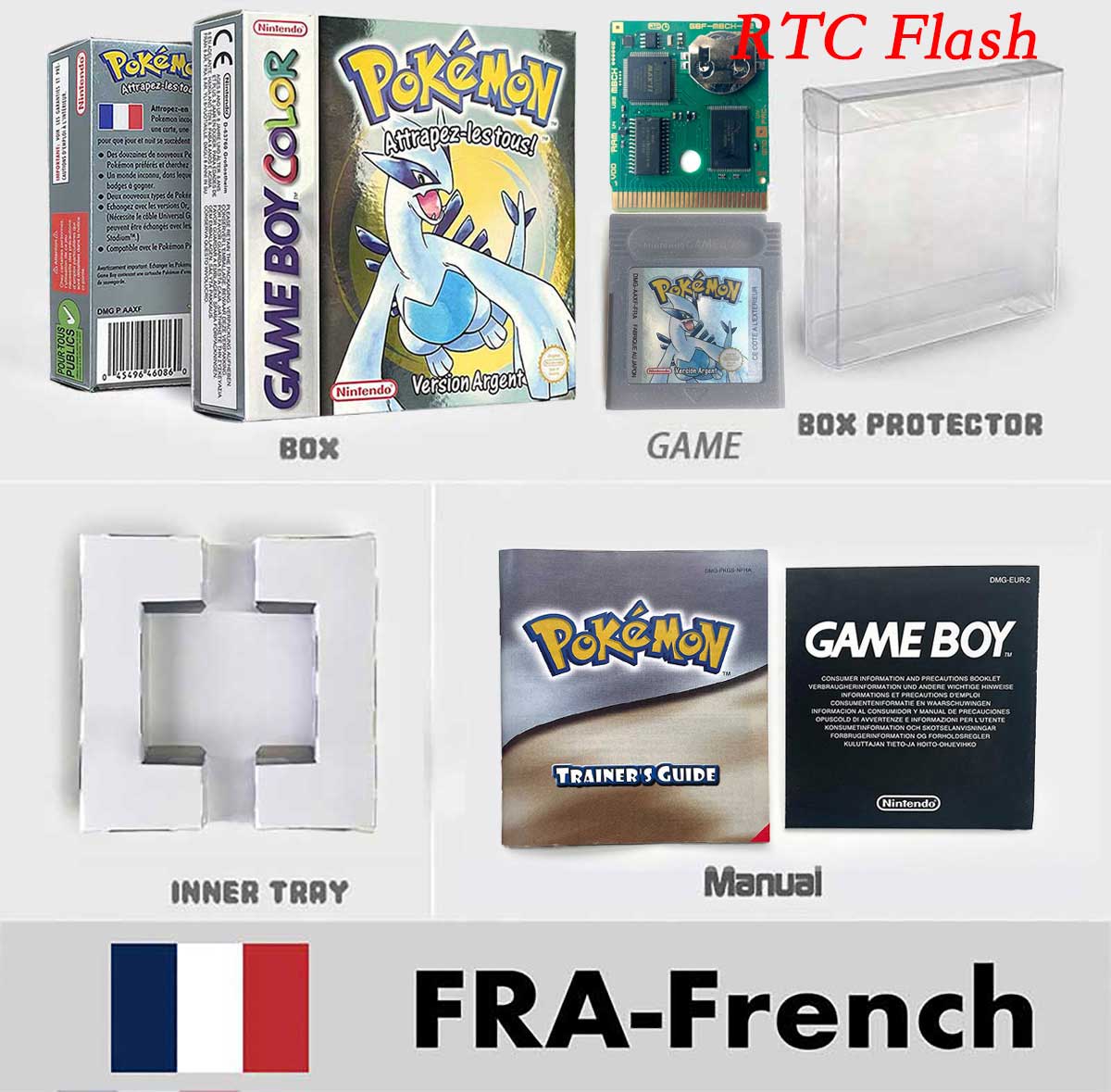 USA ITA NOE FRA ESP pokemon RTC Gold silver crystal NO RTC yellow red blue sealed 16 bit box tray manual Game Cartridge for GBC