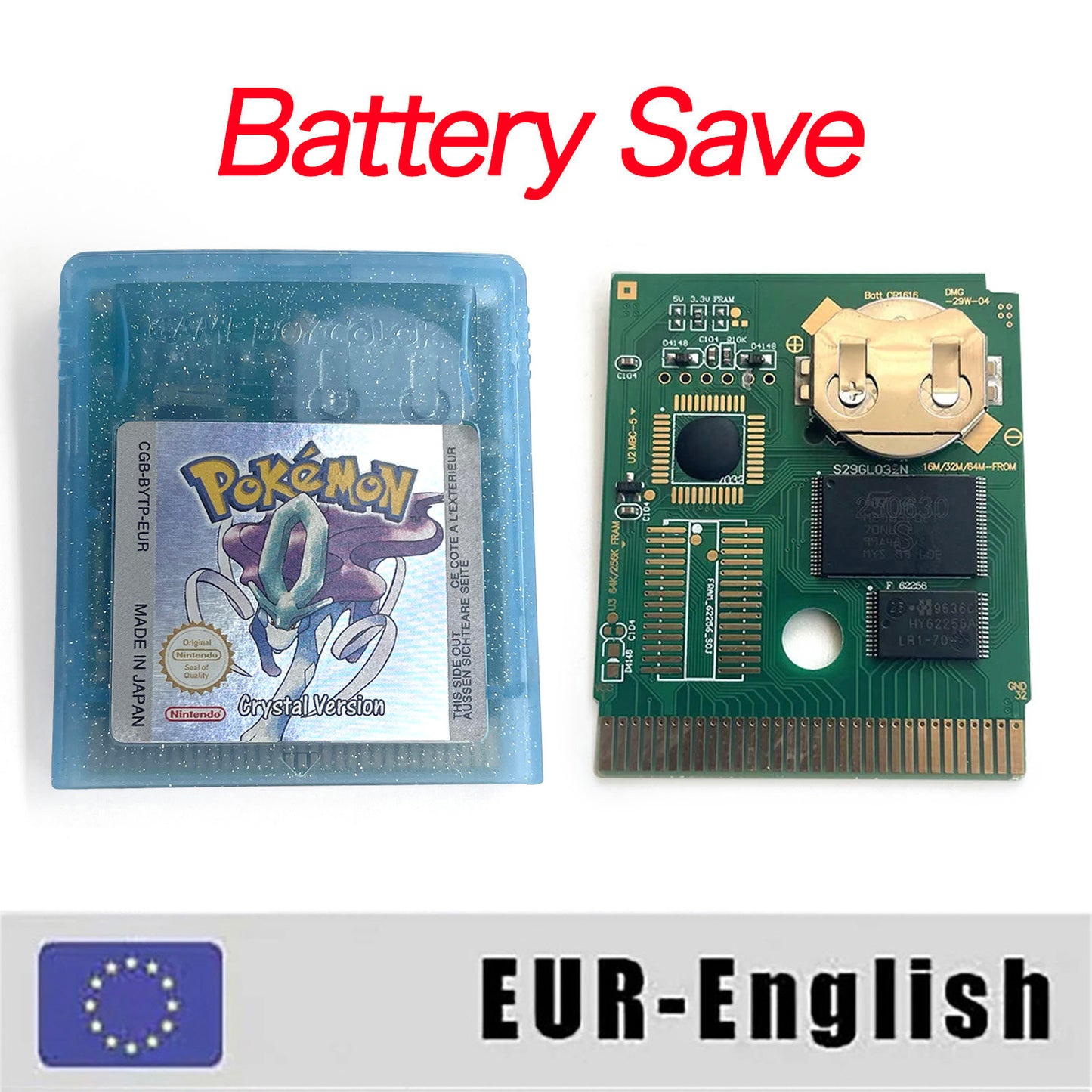 GBC game EUR english pokemon crystal version RTC Flash cart Battery save Nintendo cartridge tray box game boy color