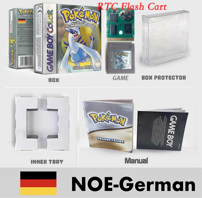 USA ITA NOE FRA ESP pokemon RTC Gold silver crystal NO RTC blue yellow red sealed 16 bit box tray manual Game Cartridge for GBC