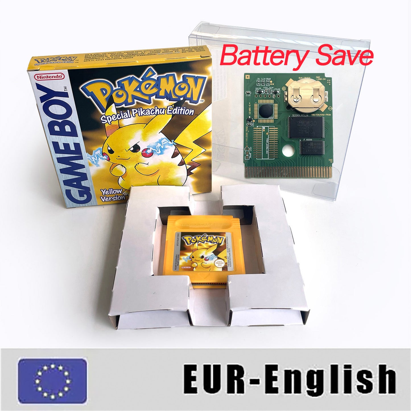 GBC game EUR english pokemon yellow version Nintendo Battery save NO RTC flash pokemon giallo cartridge tray box gbc game boy color