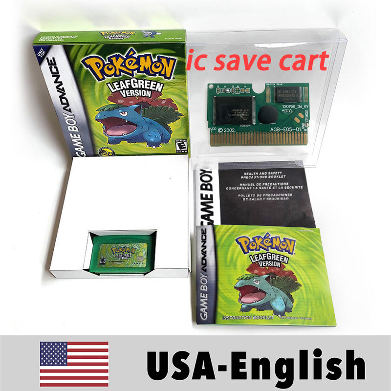 （Shipped from the United States) USA English IC Save Pokemon Emerald Sapphire Leafgreen Ruby Firered Metallic FoilFinish Box Trey Manual Game Cartridge for GBA