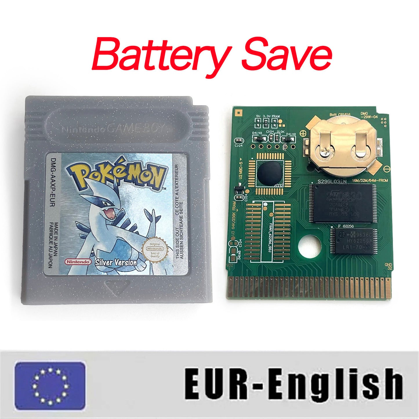 GBC game EUR english pokemon silver version RTC Flash cart Battery save Nintendo cartridge tray box game boy color