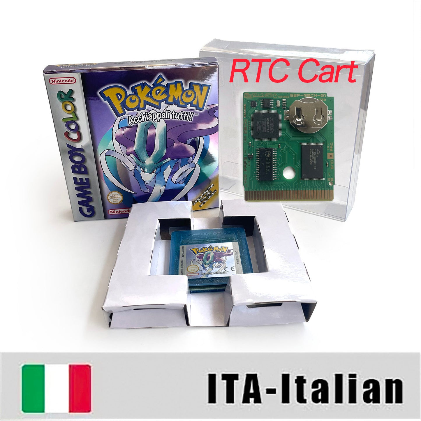 GBC game ITA Italian pokemon crystal version RTC Flash cart Battery save Nintendo pokemon cristallo cartridge tray box game boy color