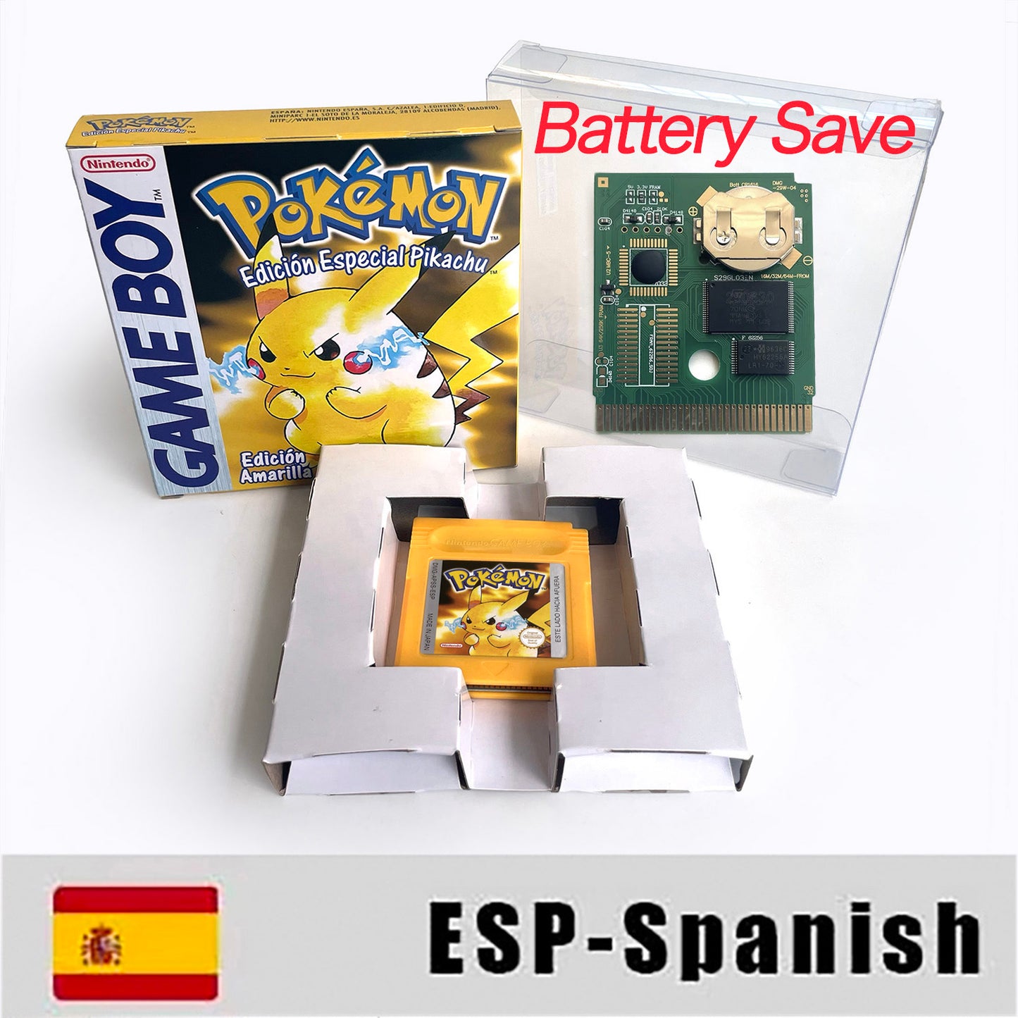 GBC game ESP Spanish pokemon yellow version Nintendo Battery save NO RTC flash pokemon amarillo cartridge tray box gbc game boy color