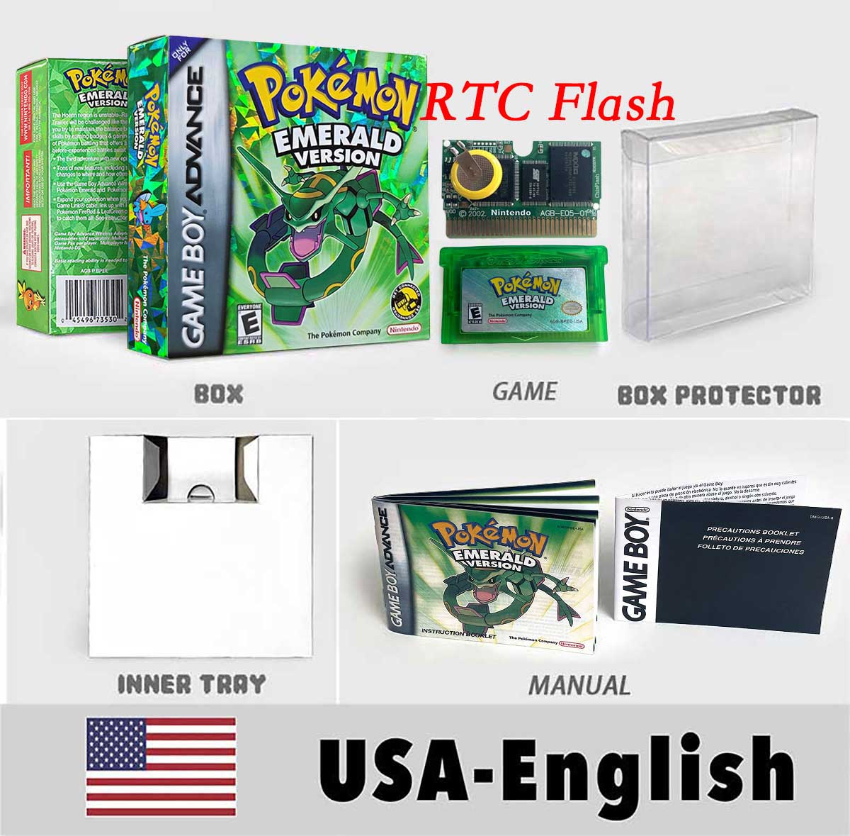 USA FRA NOE FRA RTC/1 M Flash CART pokemon sapphire ruby leafgreen emerald firered sealed box tray Game Cartridge manual for gba
