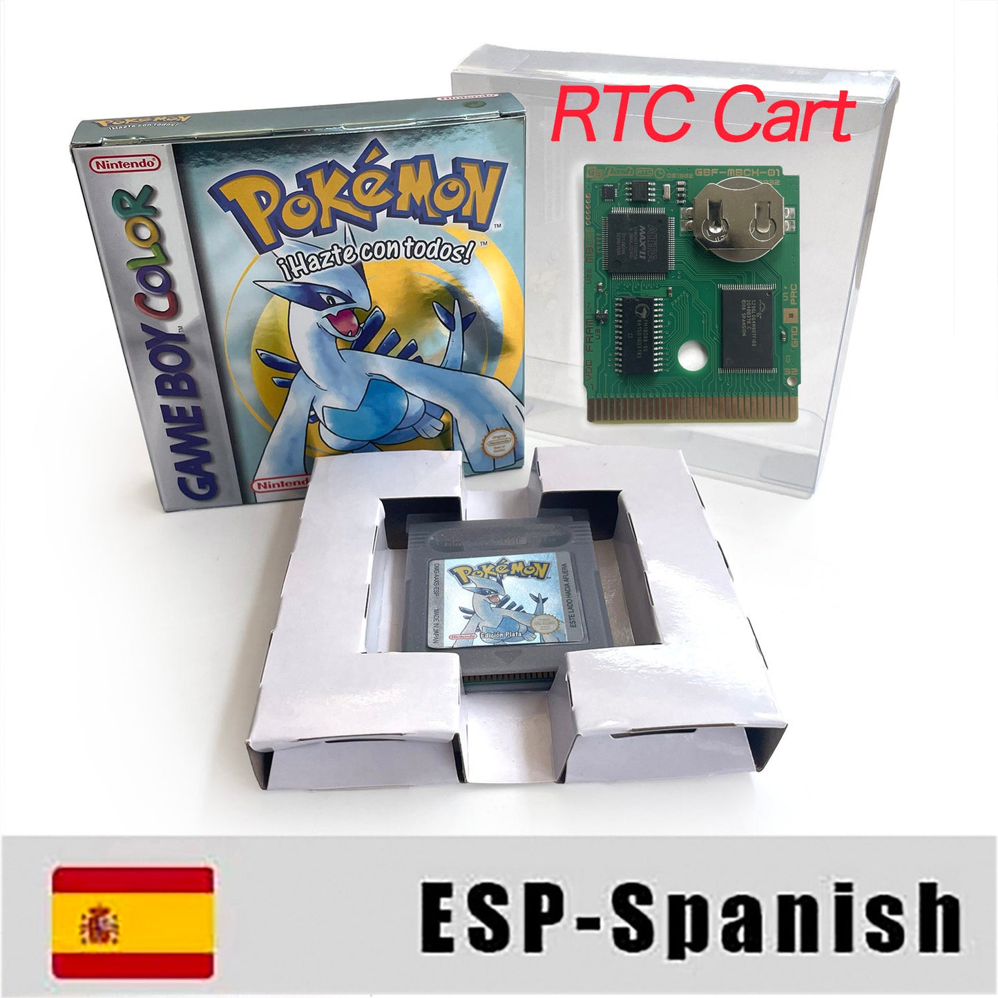 GBC game ESP Spanish pokemon silver version RTC Flash cart Battery save Nintendo pokemon plata cartridge tray box game boy color