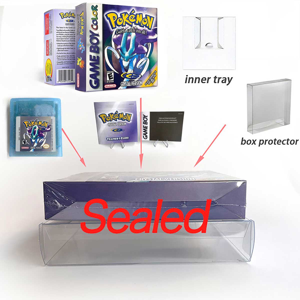 USA ITA NOE FRA ESP version battery save cart sealed pokemon crystal gold silver yellow red blue 16 bit box tray manual Game Cartridge for GBC