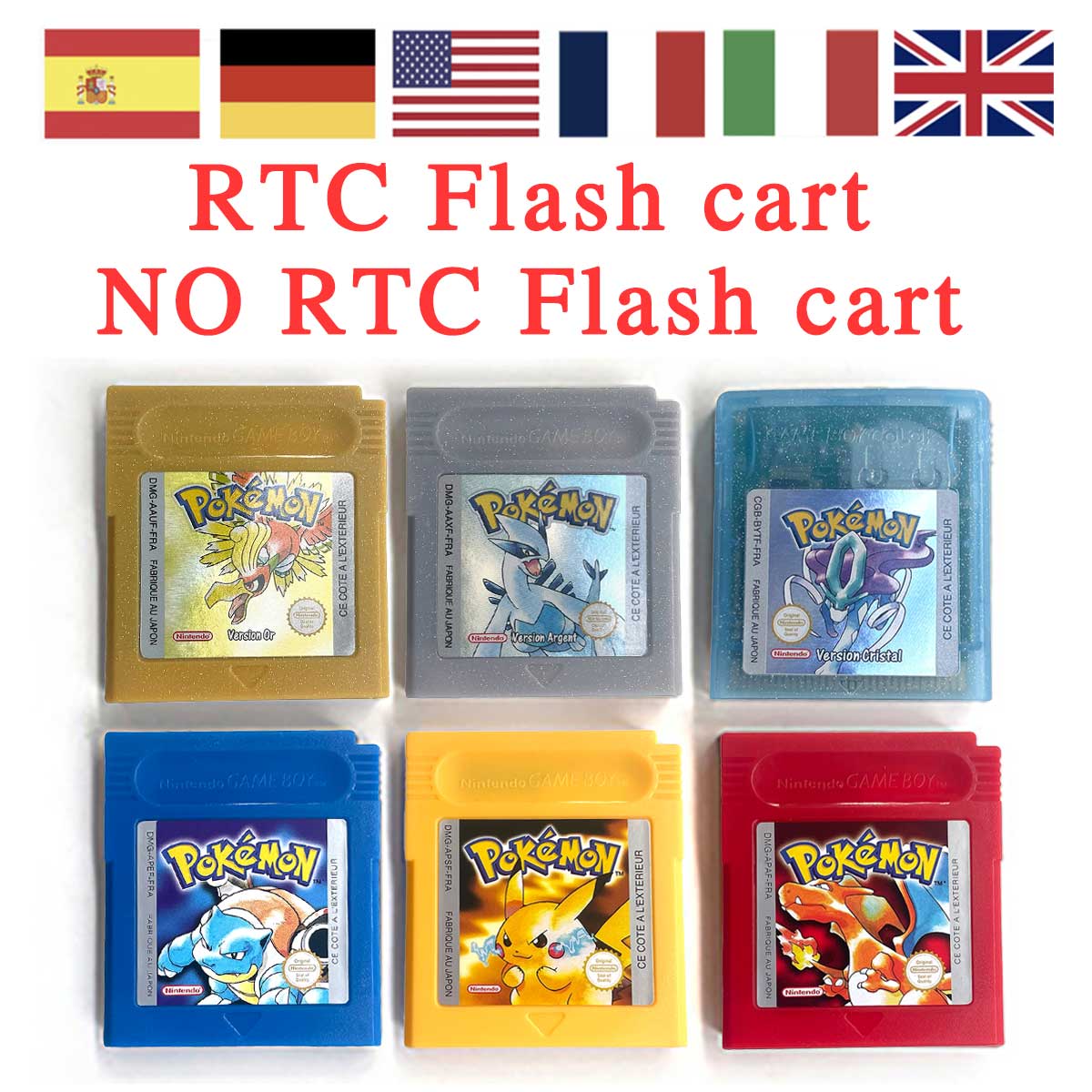 USA ITA NOE FRA ESP EUR version pokemon RTC Flash crystal gold silver NO RTC yellow red blue 16 bit Game Cartridge for GBC