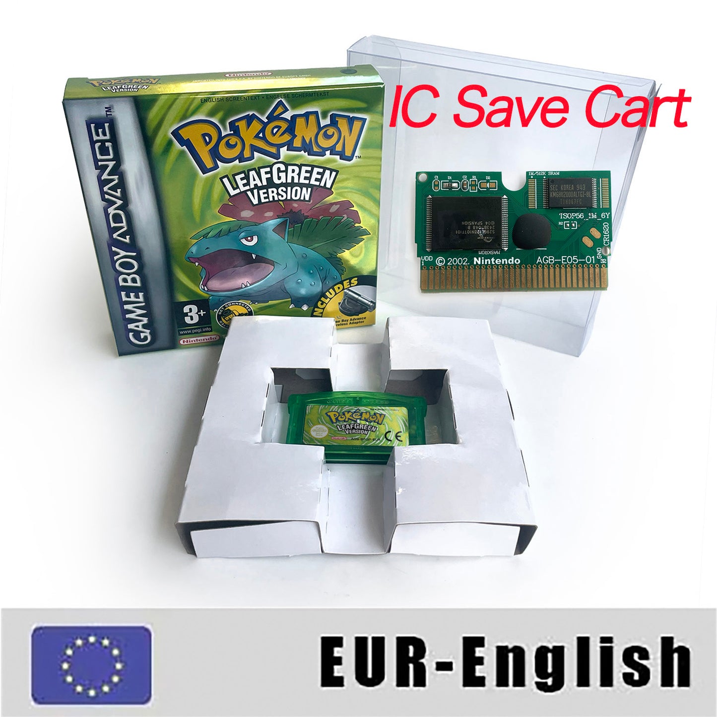 EUR English IC save 1 M flash cart pokemon leafgreen version box with tray Nintendo game cartridge for gba game boy advance