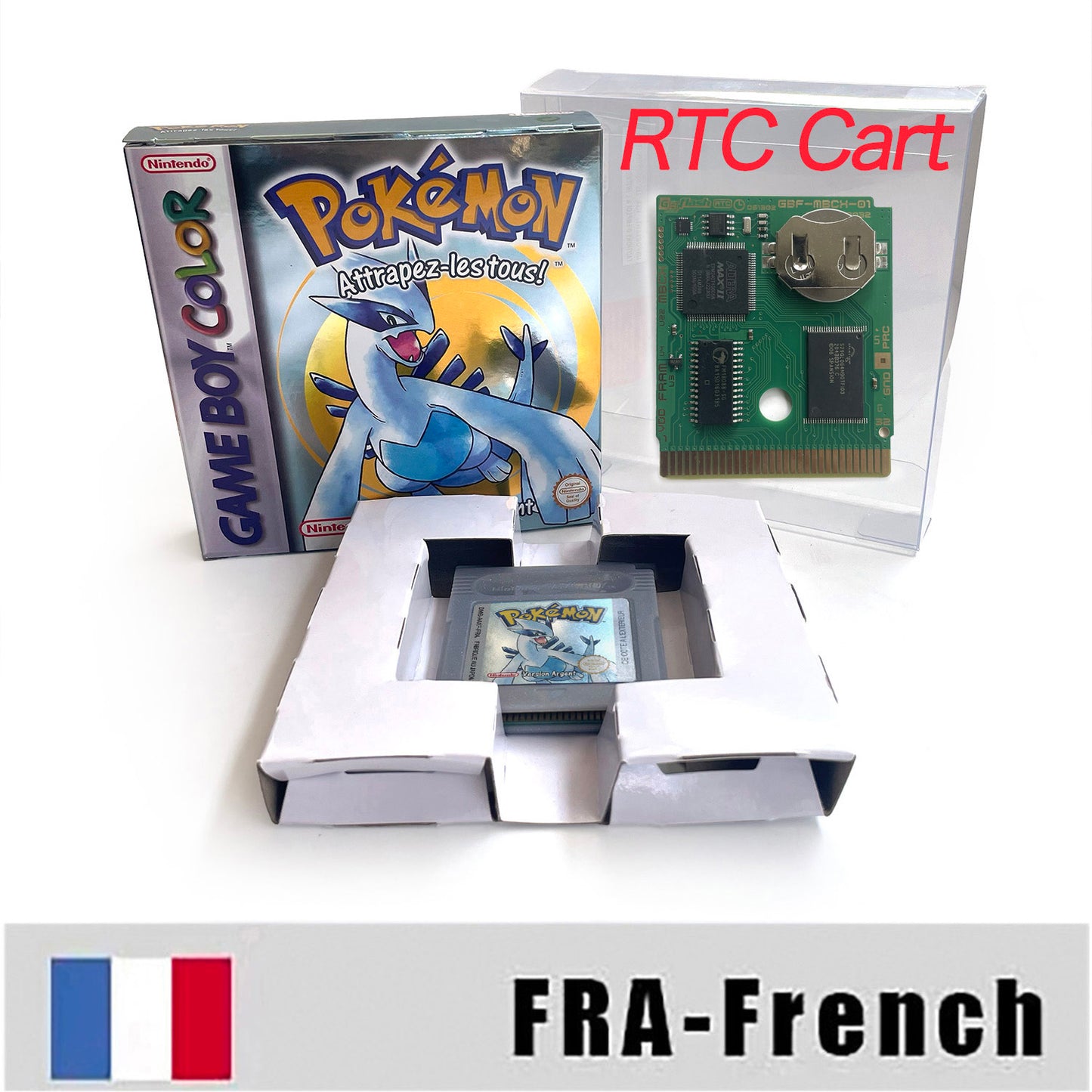 GBC game FRA French pokemon silver version RTC Flash cart Battery save Nintendo pokemon argent cartridge tray box game boy color