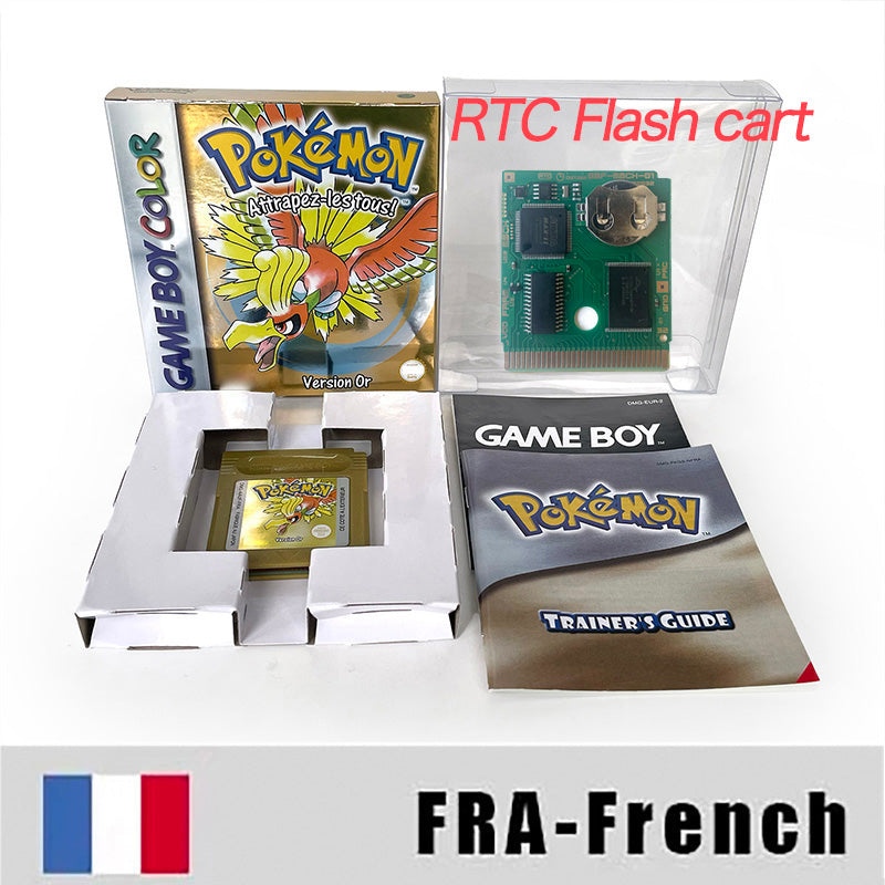 gbc game FRA French pokemon gold version RTC Flash cart Battery save pokemon Or cartridge with tray box game boy color