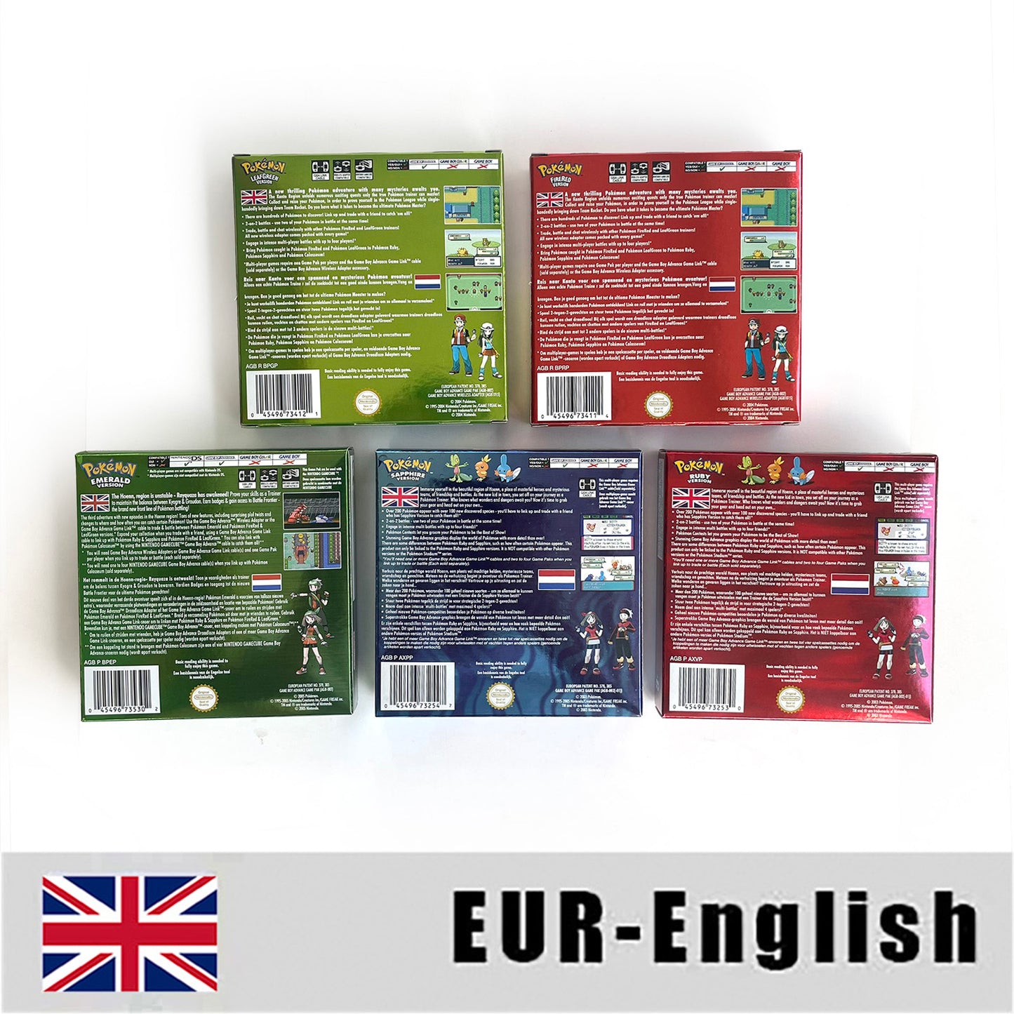 USA NOE FRA EUR ESP ITA Pokemon Emerald Ruby Leafgreen Sapphire Firered Nintendo Metallic Holographic BOX for GBA multiple languages