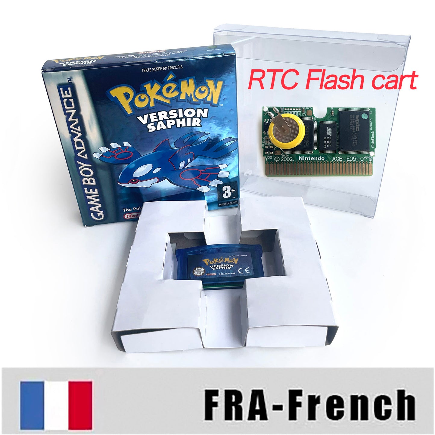 FRA French IC save rtc flash cart Real Time Clock pokemon Saphir version box with tray Nintendo game cartridge for gba  game boy advance