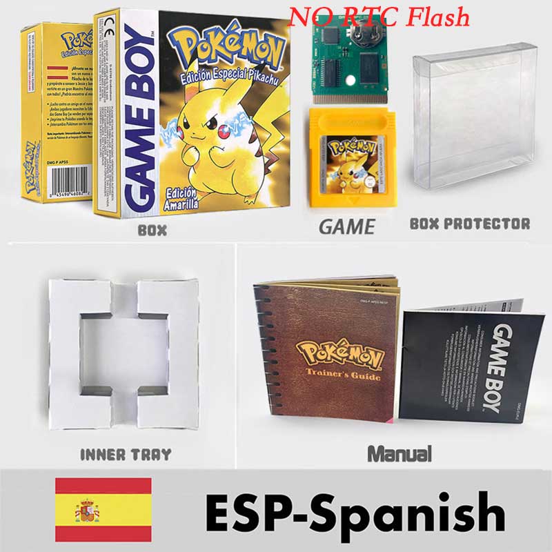 USA ITA NOE FRA ESP pokemon RTC Gold silver crystal NO RTC blue yellow red sealed 16 bit box tray manual Game Cartridge for GBC
