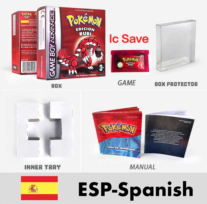 USA FRA NOE FRA IC SAVE Pokemon Emerald Ruby Sapphire LeafGreen Firered Sealed Box Tray Game Cartridge Manual for Gba