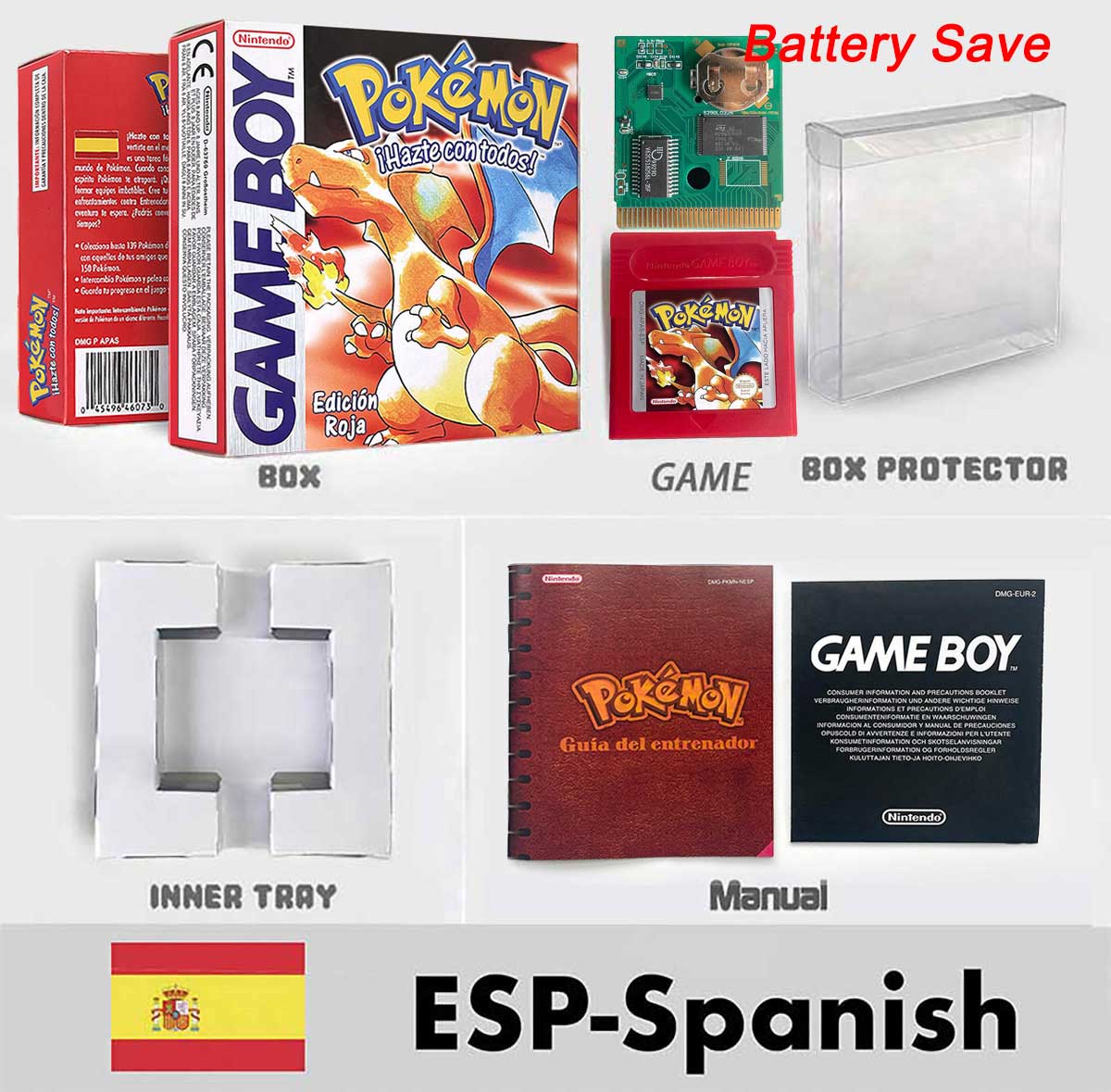 USA ITA NOE FRA ESP version battery save cart sealed pokemon crystal gold silver yellow red blue 16 bit box tray manual Game Cartridge for GBC