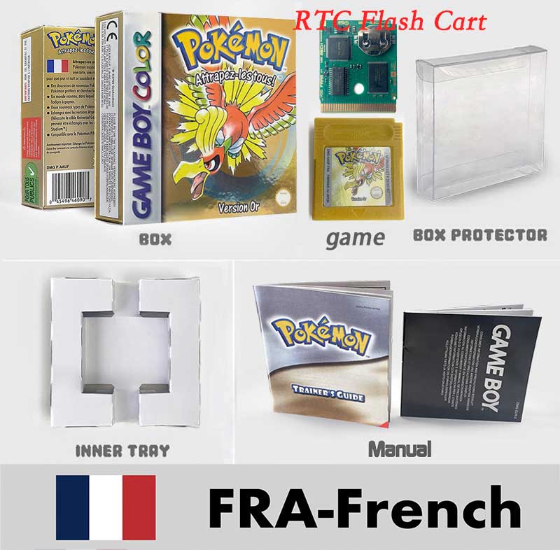 USA ITA NOE FRA ESP pokemon RTC Gold silver crystal NO RTC blue yellow red sealed 16 bit box tray manual Game Cartridge for GBC
