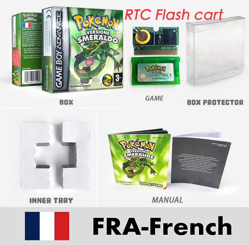 USA FRA NOE FRA RTC/1 M Flash CART pokemon sapphire ruby leafgreen emerald firered sealed box tray Game Cartridge manual for gba