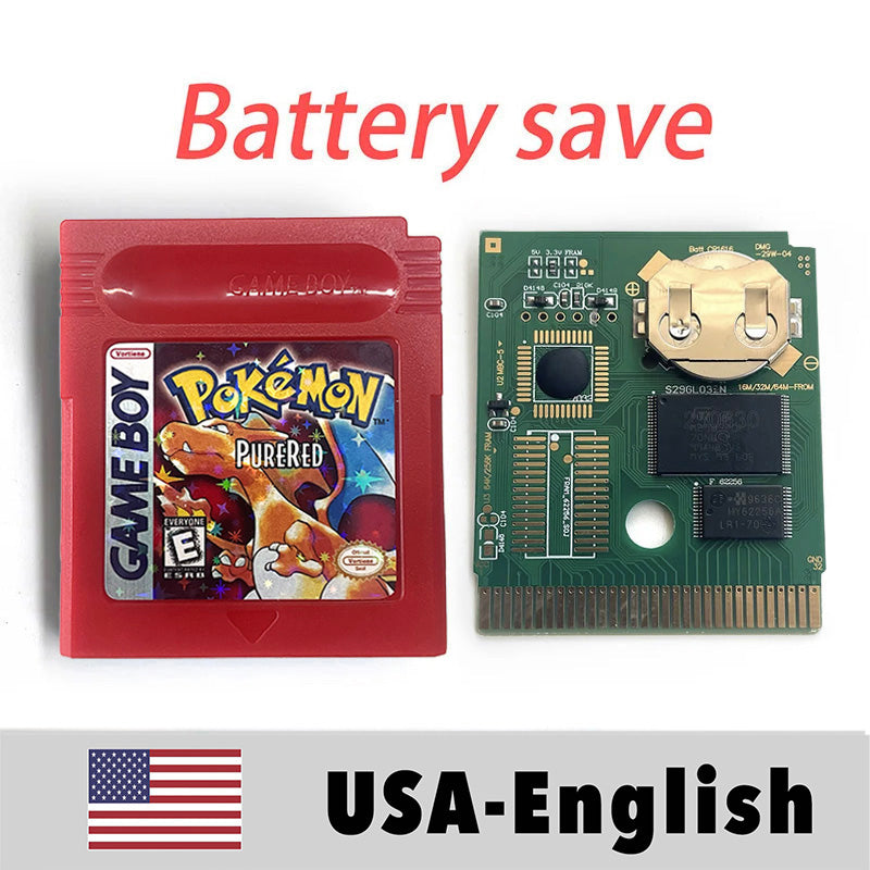 USA FRA English French Pokemon pure yume red blue green battery save cart Cartridge Video Game Console Card Rom Hack for gbc