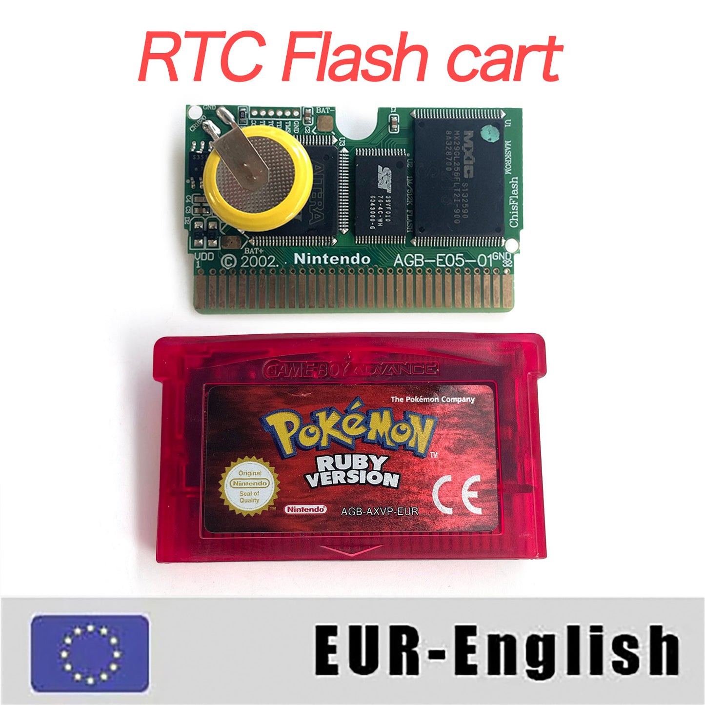 EUR English IC save rtc flash cart Real Time Clock pokemon ruby version box with tray Nintendo game cartridge for gba