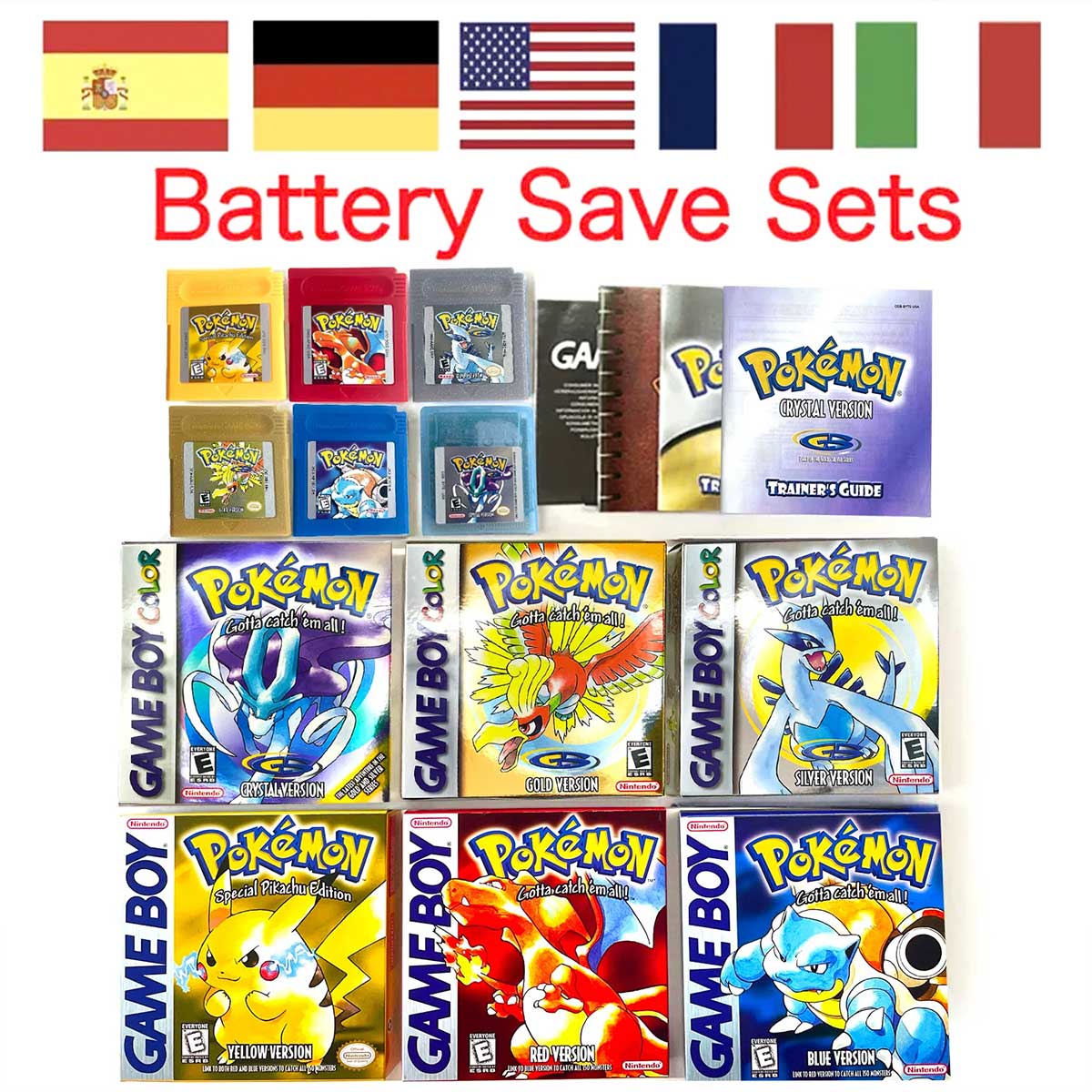 USA ITA NOE FRA ESP version battery save cart sealed pokemon crystal gold silver yellow red blue 16 bit box tray manual Game Cartridge for GBC