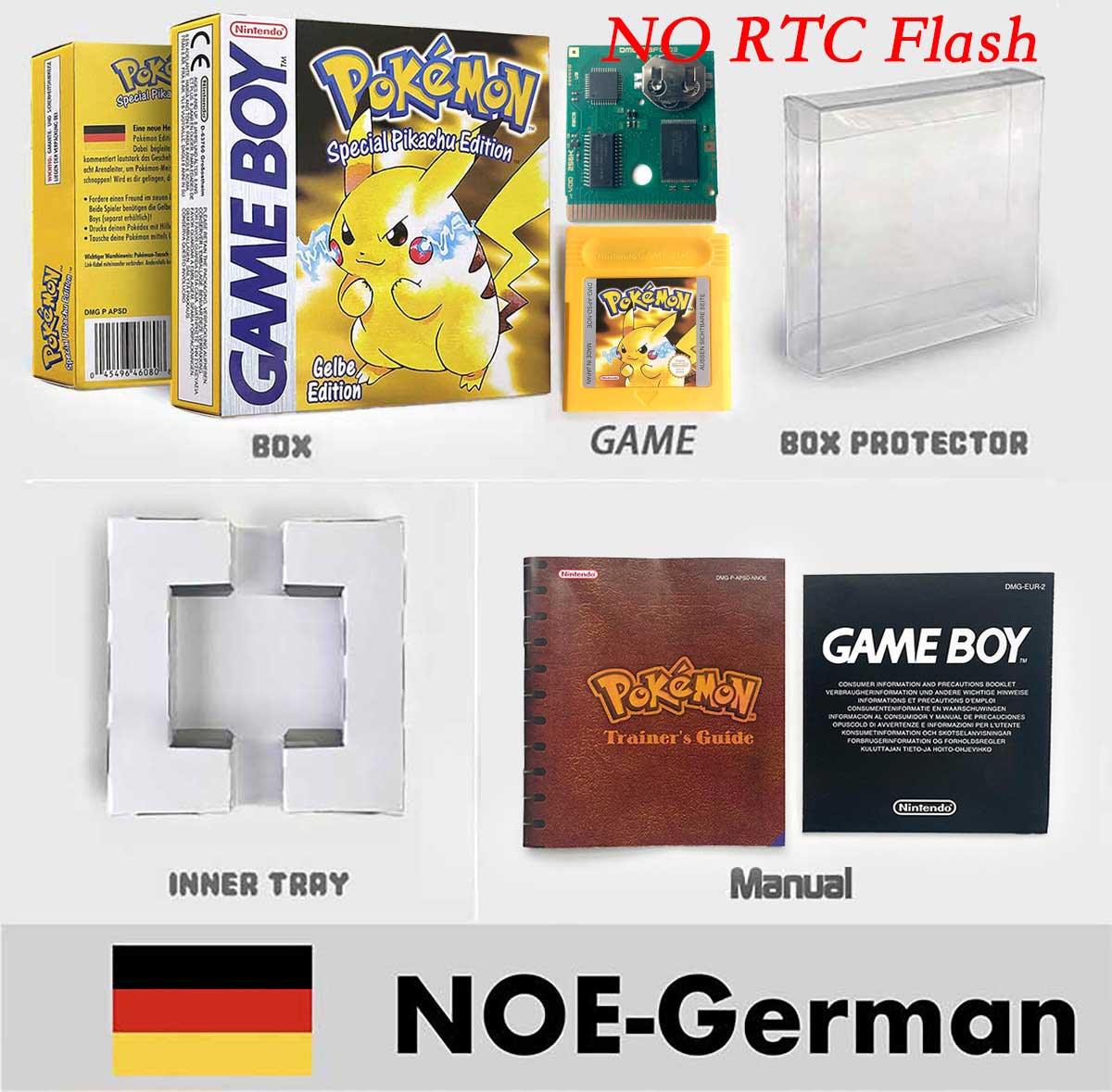 USA ITA NOE FRA ESP pokemon RTC Gold silver crystal NO RTC yellow red blue sealed 16 bit box tray manual Game Cartridge for GBC