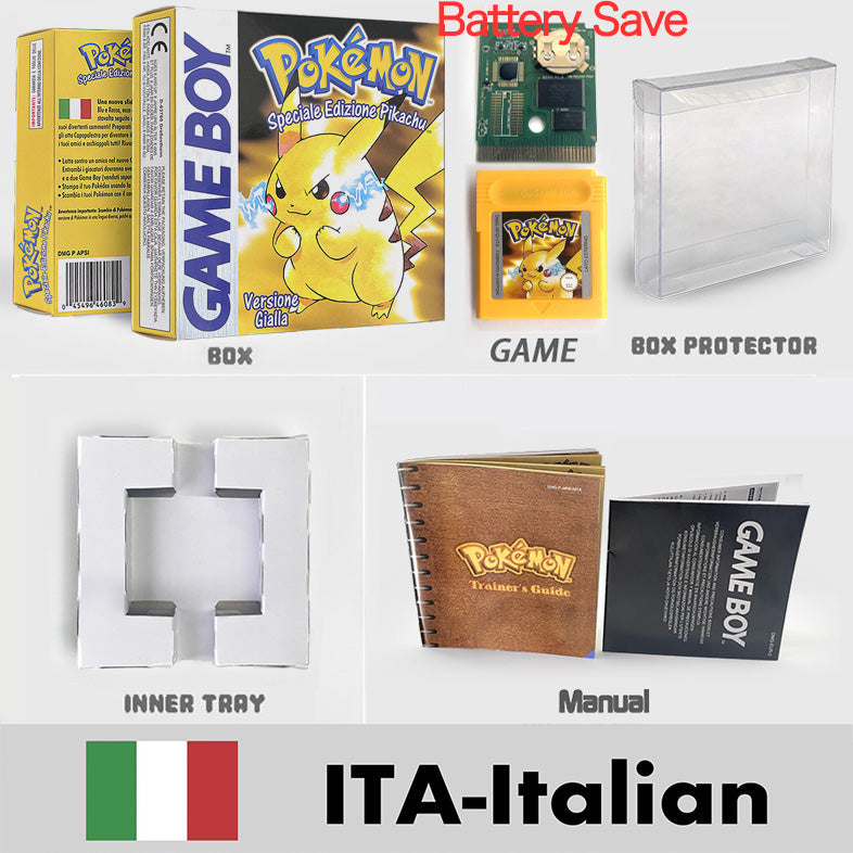 USA ITA NOE FRA ESP version battery save cart sealed pokemon crystal gold silver yellow red blue 16 bit box tray manual Game Cartridge for GBC