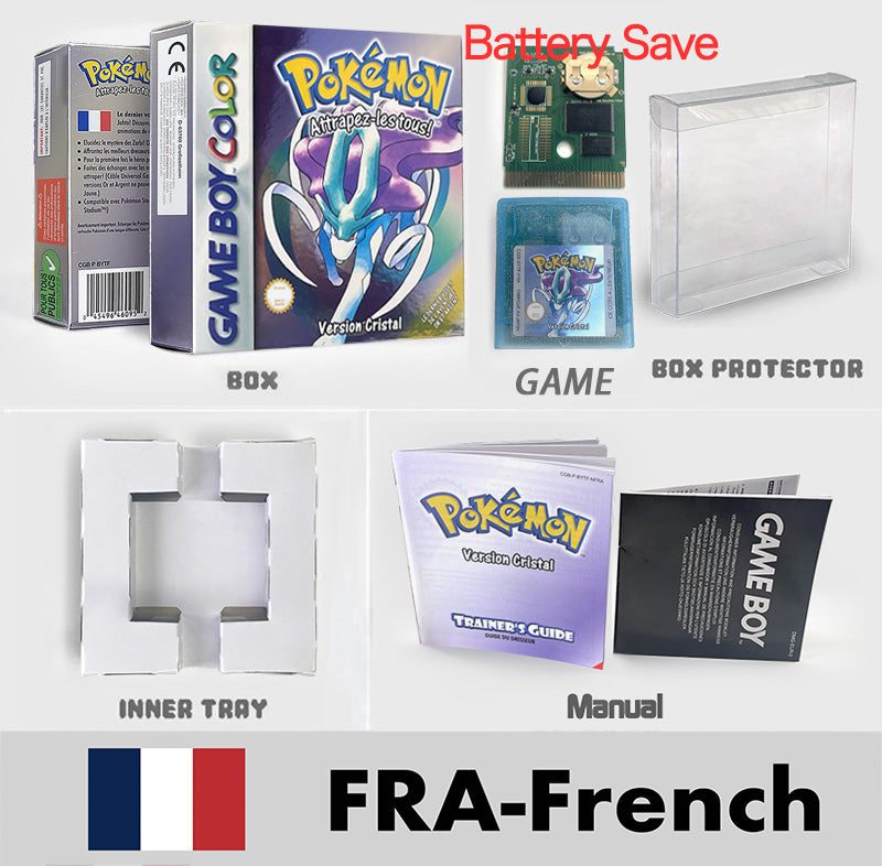 USA ITA NOE FRA ESP version battery save cart sealed pokemon crystal gold silver yellow red blue 16 bit box tray manual Game Cartridge for GBC