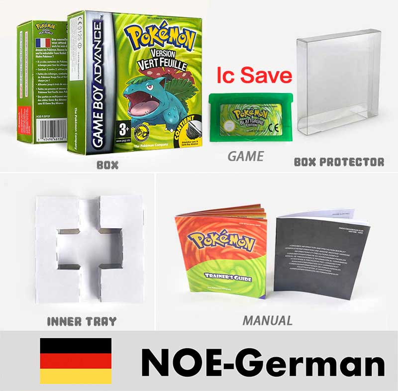 USA FRA NOE FRA IC SAVE Pokemon Emerald Ruby Sapphire LeafGreen Firered Sealed Box Tray Game Cartridge Manual for Gba